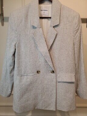 Old Navy Women's Cream and Charcoal Black Striped Blazer Double Breasted Size XS